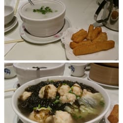 Go Sing Chinese Restaurant - Century egg & Pork Congee (top), Handmade cuttlefish ball noddle (bottom)