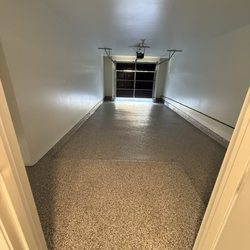 North County Synthetic Coatings - New garage floor coated with slate gray and specks of color