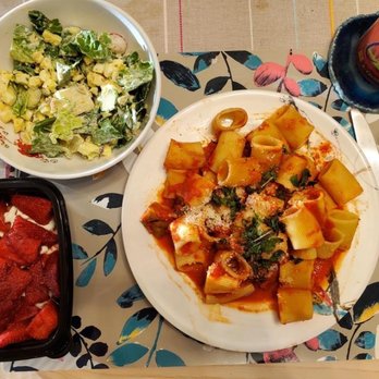 Rose's at Home - a plate of pasta and a bowl of salad - Caterers Near Me Rose's at Home - a plate of pasta and a bowl of salad - Caterers Near Me