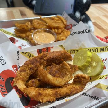 Hangry Joe's Hot Chicken & Wings - grilled tenders with Waffle Fries. tenders ok but fries crispy and yummy - Chicken Shop Near Me - Kyle, Texas Hangry Joe's Hot Chicken & Wings - grilled tenders with Waffle Fries. tenders ok but fries crispy and yummy - Chicken Shop Near Me - Kyle, Texas