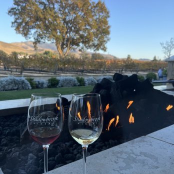 Shadowbrook Winery - 11/19/22 Glass of the red & white; fire pit and vineyard in the background. Life is good. - Wineries Near Me - Walnut Creek, California