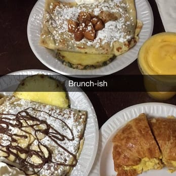 Bonjour Montclair Cafe - From the top: apple cinnamon crepe, fresh orange juice, egg sandwich croissant with strawberry jelly and banana nutella crepe. - Creperies Near Me - Montclair, New Jersey Bonjour Montclair Cafe - From the top: apple cinnamon crepe, fresh orange juice, egg sandwich croissant with strawberry jelly and banana nutella crepe. - Creperies Near Me - Montclair, New Jersey