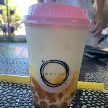 Motto Tea Cafe - Messy Mango Latte regular size $6 (cups super small tho) - Desserts Near Me - Pasadena, California