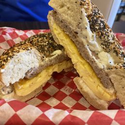 Arizona Classic Sandwich on an everything bagel with sausage and jalepeno cream cheese