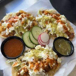 Ceyer's Taqueria - Chalupas: 3 thick tortillas tapped w/ chorizo with potatoes, lettuce, sour cream, cheese and salsa.
