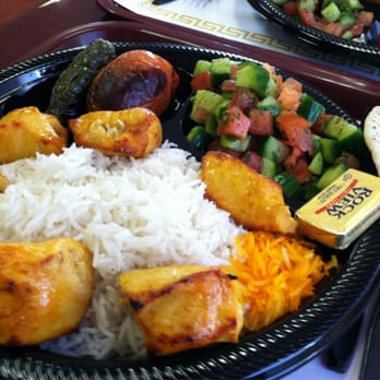 Corner Kebab - Chicken kebab, basmati rice, roasted jalapeño & tomato, and cucumber salad. - Mediterranean Near Me - San Fernando, California