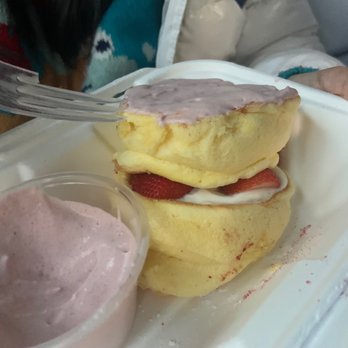 Flipper’s - The Japanese soufflé pancakes with strawberries in it's "not-very-instagram-able" form.  It was delicious though - Pancakes Near Me - New York, New York
