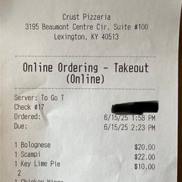 Crust receipt: $70 Crust receipt: $70