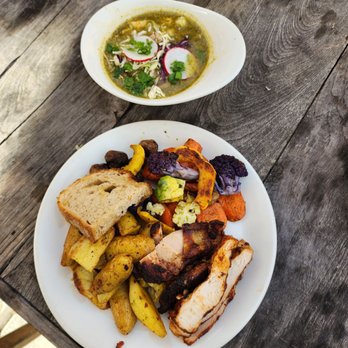 Tender Greens - grilled chipotle barbeque chicken plate and side of pozole verde - New American Near Me - San Diego, California Tender Greens - grilled chipotle barbeque chicken plate and side of pozole verde - New American Near Me - San Diego, California