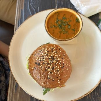peasants FEAST - salmon pastrami with tomato soup - American Near Me - Solvang, California peasants FEAST - salmon pastrami with tomato soup - American Near Me - Solvang, California