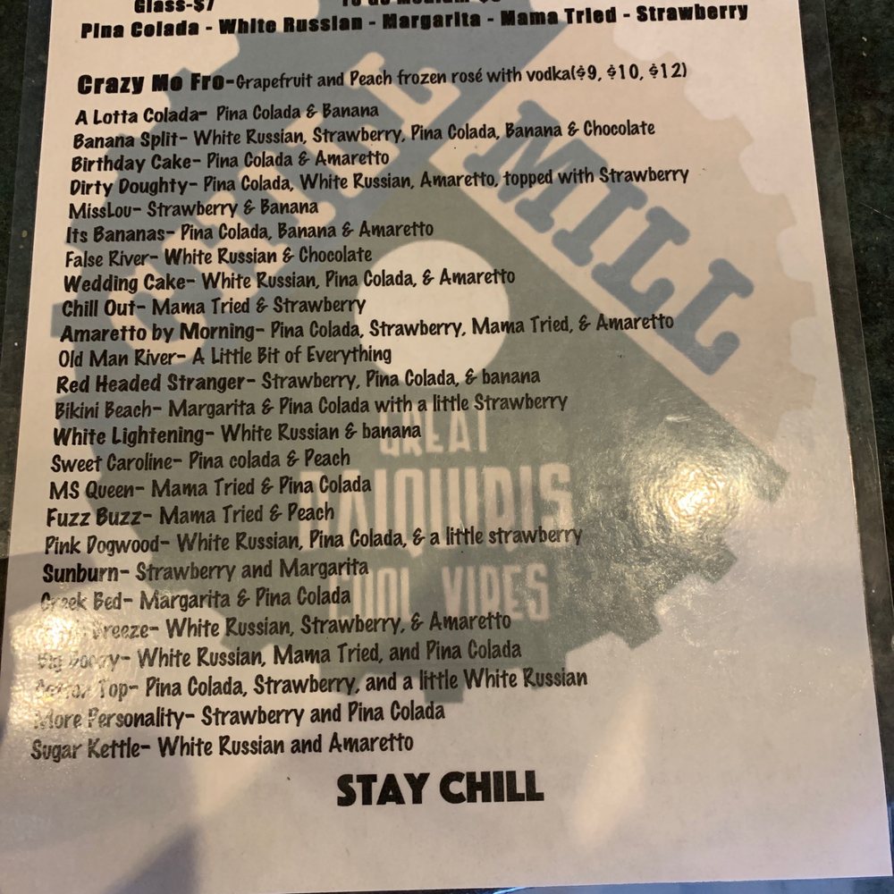 Chill Mill - the menu for the chill mill - Cocktail Bars Near Me - Saint Francisville, Louisiana Chill Mill - the menu for the chill mill - Cocktail Bars Near Me - Saint Francisville, Louisiana