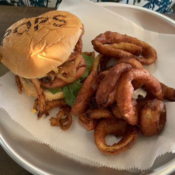 Joe Pop's Shore Bar & Restaurant - Smash burger with onion rings - Bars Near Me - Ship Bottom, New Jersey
