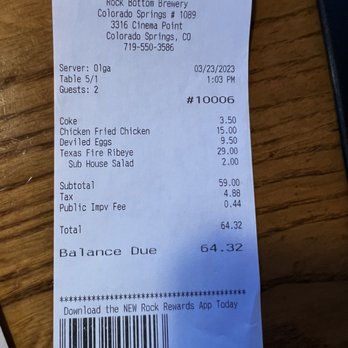Rock Bottom Restaurant & Brewery - This is our receipt for that afternoon. The deviled eggs were quite good, except half of them were falling apart(broken egg white). - American Near Me - Colorado Springs, Colorado Rock Bottom Restaurant & Brewery - This is our receipt for that afternoon. The deviled eggs were quite good, except half of them were falling apart(broken egg white). - American Near Me - Colorado Springs, Colorado