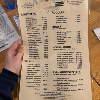 Full Moon Sushi - Menu for dinner - Japanese Near Me - San Clemente, California