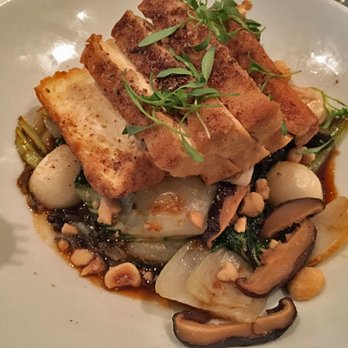 Richmond Station - Crispy Organic Tofu (with stir-fried bok choy, caramelized Brussels sprouts, marinated shiitake mushrooms, hazelnuts, wild rice) - Canadian (New) Near Me - Toronto, Ontario