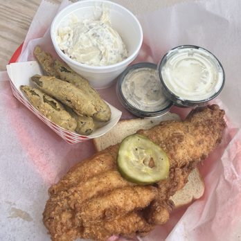 Eugene's Hot Chicken - Catfish Fillet with Two Sides (Fried Pickled Okra and Baked Potato Salad) - Chicken Wings Near Me - Hoover,, Alabama Eugene's Hot Chicken - Catfish Fillet with Two Sides (Fried Pickled Okra and Baked Potato Salad) - Chicken Wings Near Me - Hoover,, Alabama