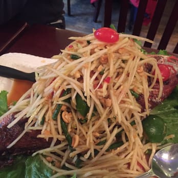 Ayada Thai - Crispy whole red snapper topped with green papaya salad - fabulous! - Thai Near Me - Elmhurst, New York