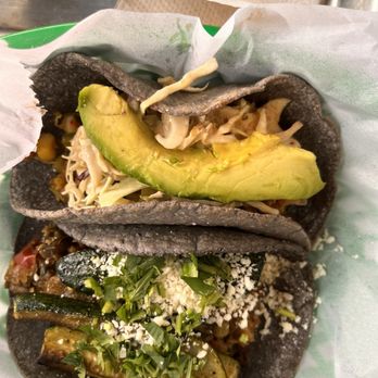 De Nada Cantina - One verdura taco, one calabacitas taco, both on blue corn tortillas - Mexican Near Me - Austin, Texas De Nada Cantina - One verdura taco, one calabacitas taco, both on blue corn tortillas - Mexican Near Me - Austin, Texas