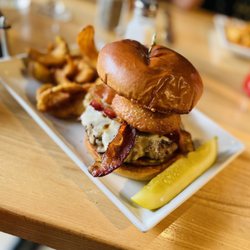 The Highway Brewing Company - Rodeo burger with fries and a pickle