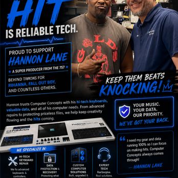 Computer Concepts - Super producer Hannon Lane coming in and trusting us not to lose his hits in the making! - Computers Near Me - Yorktown, Virginia Computer Concepts - Super producer Hannon Lane coming in and trusting us not to lose his hits in the making! - Computers Near Me - Yorktown, Virginia