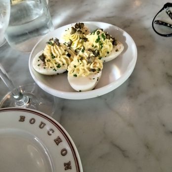 Bouchon - Deviled eggs. My companion sent three of the four halves back due to saltiness. - French Near Me - Yountville, California Bouchon - Deviled eggs. My companion sent three of the four halves back due to saltiness. - French Near Me - Yountville, California