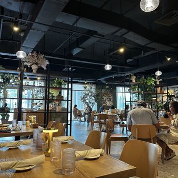 Pesca Vilano - The image shows the interior of a restaurant with several patrons seated at tables, some eating and others using their phones. The space is decorated with numerous potted plants and decorative items on shelves. Large windows in the background let in natural light, and the ceiling has a modern, dark design with hanging lights. The overall atmosphere appears lively and well-lit. - Seafood Near Me - St. Augustine, Florida