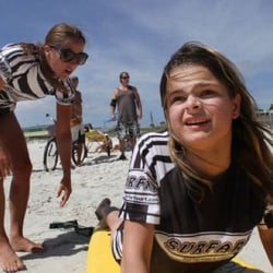 Surfari Surf Shop - Ormond Beach surf instructor Lu teaching a blind student how to surf.