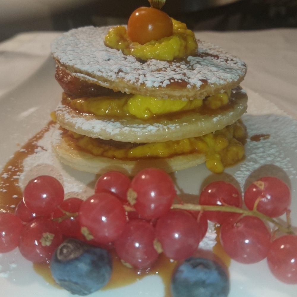 Enosteria Capolecase - Saffron and honey cream Millefeuille - Mediterranean Near Me - Rome, RM Enosteria Capolecase - Saffron and honey cream Millefeuille - Mediterranean Near Me - Rome, RM