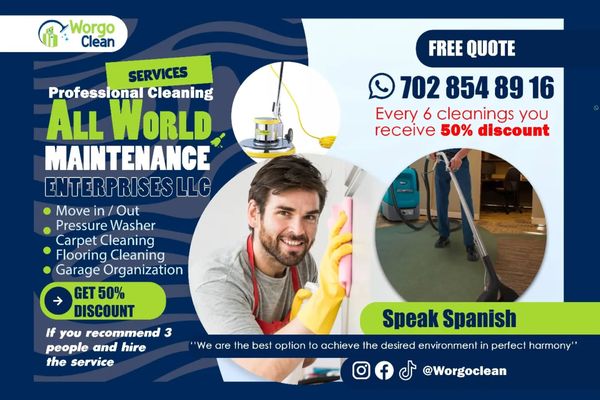 🧼 Professional Cleaning Services for Residential & Commercial Clients 📍 Serving Las Vegas & Surrounding Areas | Hablamos Español - 🏠 Residential Cleaning Services
🧽 Move-In / Move-Out Cleaning
Start fresh or leave the place spotless. We take care of the deep cleaning so you can focus on your move — stress-free and sparkling.
🧼 Carpet Cleaning
Remove stains, allergens, and odors with our high-powered equipment. Our team brings life back to your carpets and keeps your home healthier.
✨ Floor Cleaning
From hardwood to tile, we clean and restore shine to all flooring types with professional-grade tools and eco-friendly products upon request.
💦 Pressure Washing, side walks, driveways, porch
🧰 Garage Organization
Declutter and organize your garage to maximize space and functionality. We’ll help you reclaim your storage with smart systems.
🏢 Commercial Cleaning Services
🏢 Office & Building Cleaning
Create a cleaner, more productive workplace. Our team provides consistent and discreet janitorial services tailored to your business needs.
💦 Pressure Washing
Perfect for storefronts, sidewalks, and commercial spaces — we remove built-up grime and dirt to restore curb appeal.
🧼 Carpet & Floor Maintenance
Protect your flooring investment with regular cleaning that keeps your space clean, professional, and inviting for customers and staff alike.
📦 Post-Construction Cleaning
We handle the dust, debris, and detail cleaning after your renovation or build — fast, reliable, and thorough.
💰 Special Offers
✅ 50% OFF Every 6th Cleaning
✅ Refer 3 Clients = 50% OFF Your Service
✅ Free Estimates
✅ Fast Response Times
“We are the best option to achieve the desired environment in perfect harmony.”
📞 Call us today at (702) 854-8916
📱 Follow us: @WorgoClean on Instagram, TikTok & Facebook
💬 Speak Spanish? So do we! 🧼 Professional Cleaning Services for Residential & Commercial Clients 📍 Serving Las Vegas & Surrounding Areas | Hablamos Español - 🏠 Residential Cleaning Services
🧽 Move-In / Move-Out Cleaning
Start fresh or leave the place spotless. We take care of the deep cleaning so you can focus on your move — stress-free and sparkling.
🧼 Carpet Cleaning
Remove stains, allergens, and odors with our high-powered equipment. Our team brings life back to your carpets and keeps your home healthier.
✨ Floor Cleaning
From hardwood to tile, we clean and restore shine to all flooring types with professional-grade tools and eco-friendly products upon request.
💦 Pressure Washing, side walks, driveways, porch
🧰 Garage Organization
Declutter and organize your garage to maximize space and functionality. We’ll help you reclaim your storage with smart systems.
🏢 Commercial Cleaning Services
🏢 Office & Building Cleaning
Create a cleaner, more productive workplace. Our team provides consistent and discreet janitorial services tailored to your business needs.
💦 Pressure Washing
Perfect for storefronts, sidewalks, and commercial spaces — we remove built-up grime and dirt to restore curb appeal.
🧼 Carpet & Floor Maintenance
Protect your flooring investment with regular cleaning that keeps your space clean, professional, and inviting for customers and staff alike.
📦 Post-Construction Cleaning
We handle the dust, debris, and detail cleaning after your renovation or build — fast, reliable, and thorough.
💰 Special Offers
✅ 50% OFF Every 6th Cleaning
✅ Refer 3 Clients = 50% OFF Your Service
✅ Free Estimates
✅ Fast Response Times
“We are the best option to achieve the desired environment in perfect harmony.”
📞 Call us today at (702) 854-8916
📱 Follow us: @WorgoClean on Instagram, TikTok & Facebook
💬 Speak Spanish? So do we!