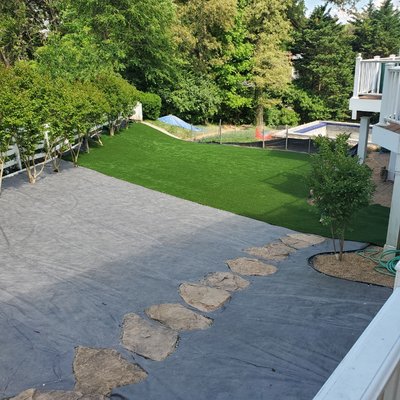 5000 square feet turf installation on a sloped backyard, May 2022. - This beautiful project was done in Great Falls to solve a shady and eroded area around a new pool , the client took the great decision to install this beautiful turf! 5000 square feet turf installation on a sloped backyard, May 2022. - This beautiful project was done in Great Falls to solve a shady and eroded area around a new pool , the client took the great decision to install this beautiful turf!