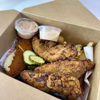 J's Hot Chicken - 4 Tender Combo - Overall pretty solid but not my favorite batter personally. Good size tendies, portion size and fresh. - Chicken Shop Near Me - Santa Barbara, California J's Hot Chicken - 4 Tender Combo - Overall pretty solid but not my favorite batter personally. Good size tendies, portion size and fresh. - Chicken Shop Near Me - Santa Barbara, California