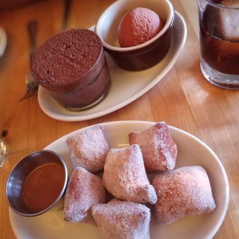 Sycamore - Rhubarb and blood orange sorbet, trifle and bignets. - New American Near Me - Newton, Massachusetts