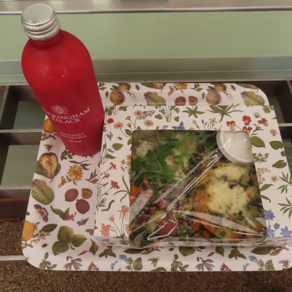 Buckingham Palace - Vegetarian meal with water in souvenir refillable bottle at the backyard cafe. - Landmarks & Historical Buildings Near Me - London, XGL
