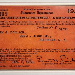 Max J Pollack & Sons Insurance Agency - Max J. Pollack's original NY Broker's License from 1936