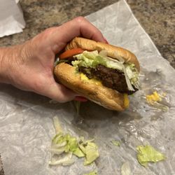 My wife's cheeseburger. These are great burgers.