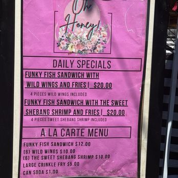 Oh Honey On the Bay - Outside menu as of May 2026 - Seafood Near Me - Baltimore, Maryland Oh Honey On the Bay - Outside menu as of May 2026 - Seafood Near Me - Baltimore, Maryland
