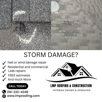 Storm Damage - Residential & Commercial - Free estimates hail or wind damage repair, leak repairs, and more! Call us 210.232.4248