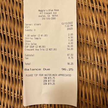 Maggie's Blue Rose - Receipt for our dinner. - Mexican Near Me - Avalon, California