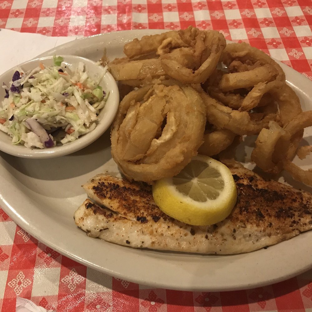 The Trace Grill - Blackened red fish with onion rings and slaw. Onion rings are amazing the slaw and redfish are good - American Near Me - Ridgeland, Mississippi The Trace Grill - Blackened red fish with onion rings and slaw. Onion rings are amazing the slaw and redfish are good - American Near Me - Ridgeland, Mississippi
