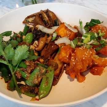 Flower Child - Spicy Japanese eggplant, red chili glazed sweet potatoes, Sichuan green beans - Salad Near Me - Houston, Texas Flower Child - Spicy Japanese eggplant, red chili glazed sweet potatoes, Sichuan green beans - Salad Near Me - Houston, Texas