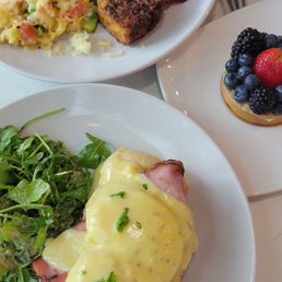 Top: Chef's Scramble, Bottom: Eggs Benedict, Right: Fruit Tart