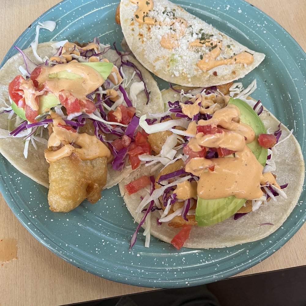 Los Aguachiles - Taco Baja Fish (Single Taco)(left), Taco Baja Shrimp (Single Taco)(right), Taco Azteca (Single taco)(back) - Seafood Near Me - El Paso, Texas