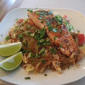 Thai Bistro - Pad Woo Sen with fresh grilled salmon - Thai Near Me - Kerrville, Texas Thai Bistro - Pad Woo Sen with fresh grilled salmon - Thai Near Me - Kerrville, Texas