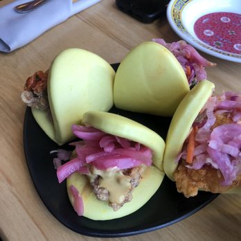Kaizen - Fried Shrimp bun, pork belly bun, hot miso-mustard chicken bun and kimchi-bbq bun - Asian Fusion Near Me - Knoxville, Tennessee