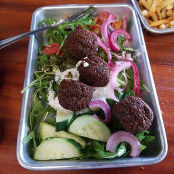 50 Burger - Chickpea Falafel, arugula , cucumber, pickled onions, yogurt. - Burgers Near Me - Salida, Colorado 50 Burger - Chickpea Falafel, arugula , cucumber, pickled onions, yogurt. - Burgers Near Me - Salida, Colorado