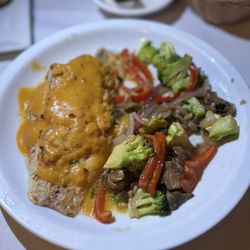 Garlic Rose Bistro - Barramundi with mixed veggies.  Crab stuffing with lobster sauce.  So many wonderful flavors.  So yummy!!