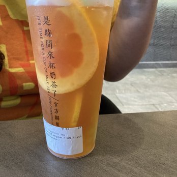 The Tea Time - Grapefruit Tea with lychee boba.  Sister loves the chunks of grapefruit. This is made with green tea here. - Bubble Tea Near Me - Eagan, Minnesota