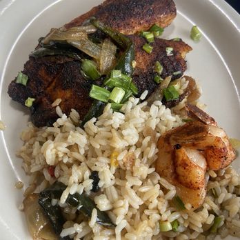 Luby's - Tilapia and shrimp over Cuban rice - American Near Me - Houston, Texas Luby's - Tilapia and shrimp over Cuban rice - American Near Me - Houston, Texas