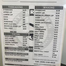 City Threading - Price menu