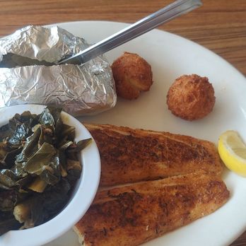 St Marys Seafood & More - Blackened Mahi Mahi, Baked Potato, and the best Collards I've ever eaten! - Seafood Near Me - St. Augustine, Florida St Marys Seafood & More - Blackened Mahi Mahi, Baked Potato, and the best Collards I've ever eaten! - Seafood Near Me - St. Augustine, Florida